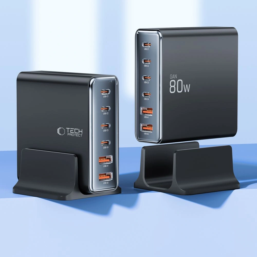 Tech-Protect DC80W-GAN charging station 6-port 2xUSB-A, 4xUSB-C desktop charger PD80W / QC3.0 black