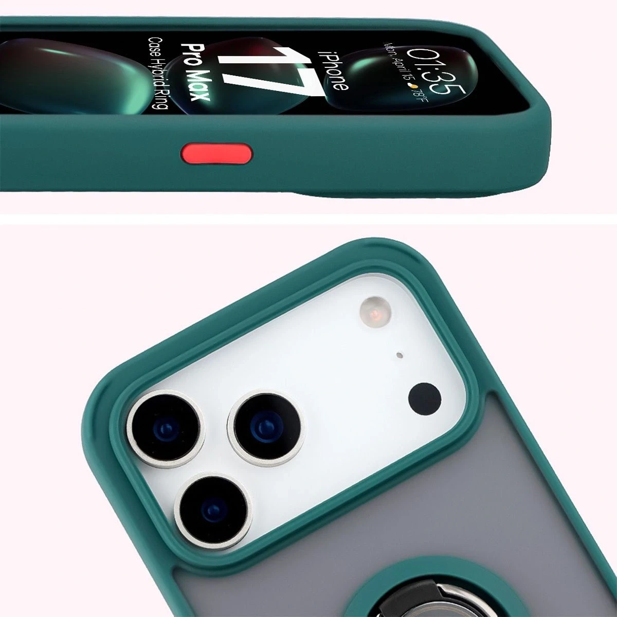 Etui z uchwytem na palec Bizon Case Hybrid Ring do Apple iPhone 17 Pro Max przydymione z ciemnozieloną ramką