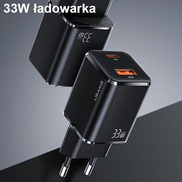 USAMS T43 Wall Charger 1xUSB-C/1xUSB 33W PD 3.0 + QC 3.0 + U63 cable USB-C/Lightning black USKTZ01
