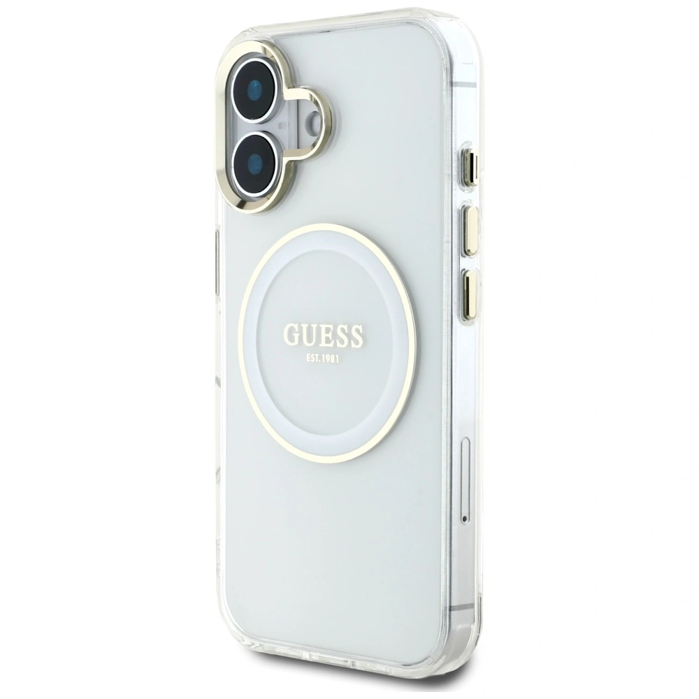 Etui Guess IML Metal Colored Circle Classic Logo MagSafe do Apple iPhone 16 biały