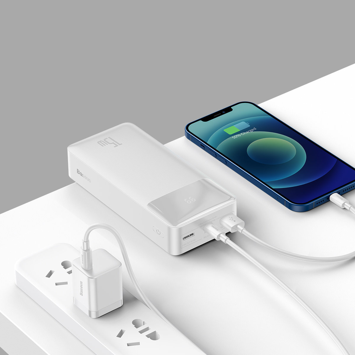 Powerbank Baseus Bipow Display 30000mAh 15W white (Overseas Edition) + USB/microUSB cable 0.25m white