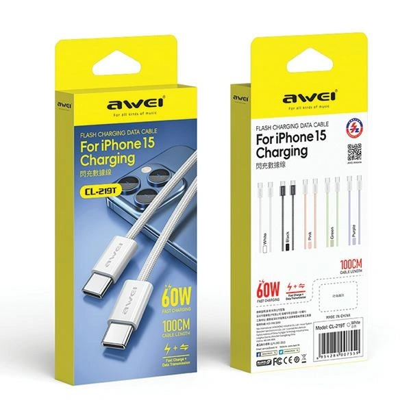 AWEI CL-219T USB-C / USB-C cable 60W 1m compatible with iPhone 15 black