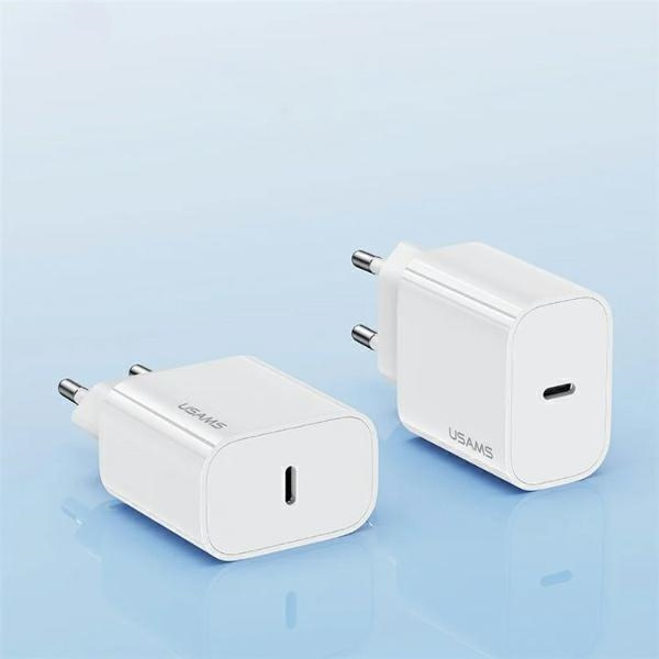 USAMS T65 US-CC226 wall charger USB-C PD 20W Fast Charging + USB-C / Lightning cable 30W white