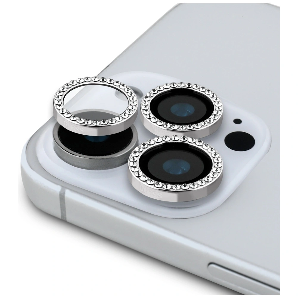 Guess BP Rhinestone 2in1 set tempered glass + lens protector Apple iPhone 16 Pro Max silver