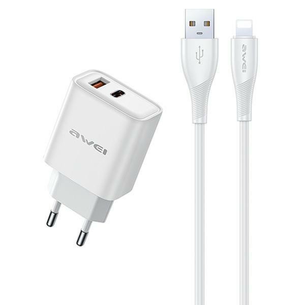 AWEI PD81L-EU wall charger GaN 22.5W + USB-A / Lightning cable white