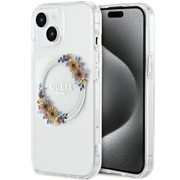 Guess GUHMP15SHFWFCT Apple iPhone 15 / 14 hardcase IML Flowers Wreatch MagSafe transparent