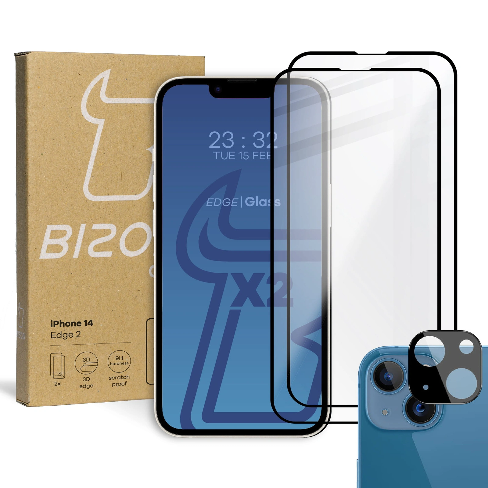 BIZON 2x screen glass + camera glass Apple iPhone 14