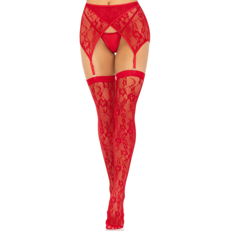 LEG AVENUE - LACE THIGH HIGHS & GARTERBELT RED