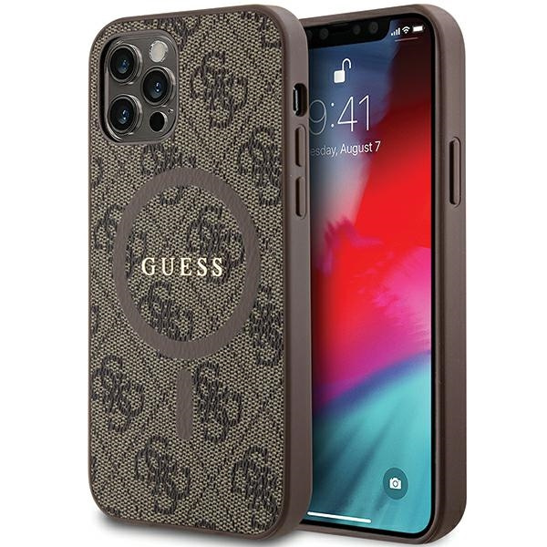 Guess GUHMP12MG4GFRW Apple iPhone 12 / 12 Pro hardcase 4G Collection Leather Metal Logo MagSafe brown