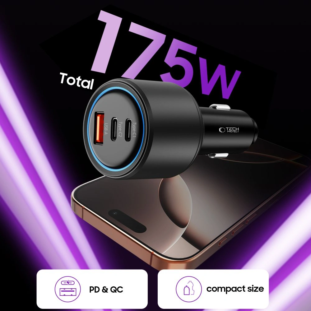 Tech-Protect CC04 3-port Car Charger USB-A, 2xUSB-C PD 175W Black