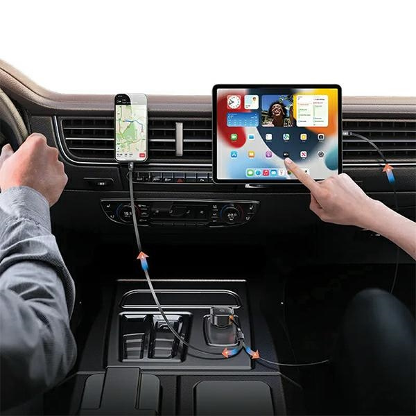 USAMS C41 2xUSB-C car charger with retractable cable PD 30W Fast Charge black