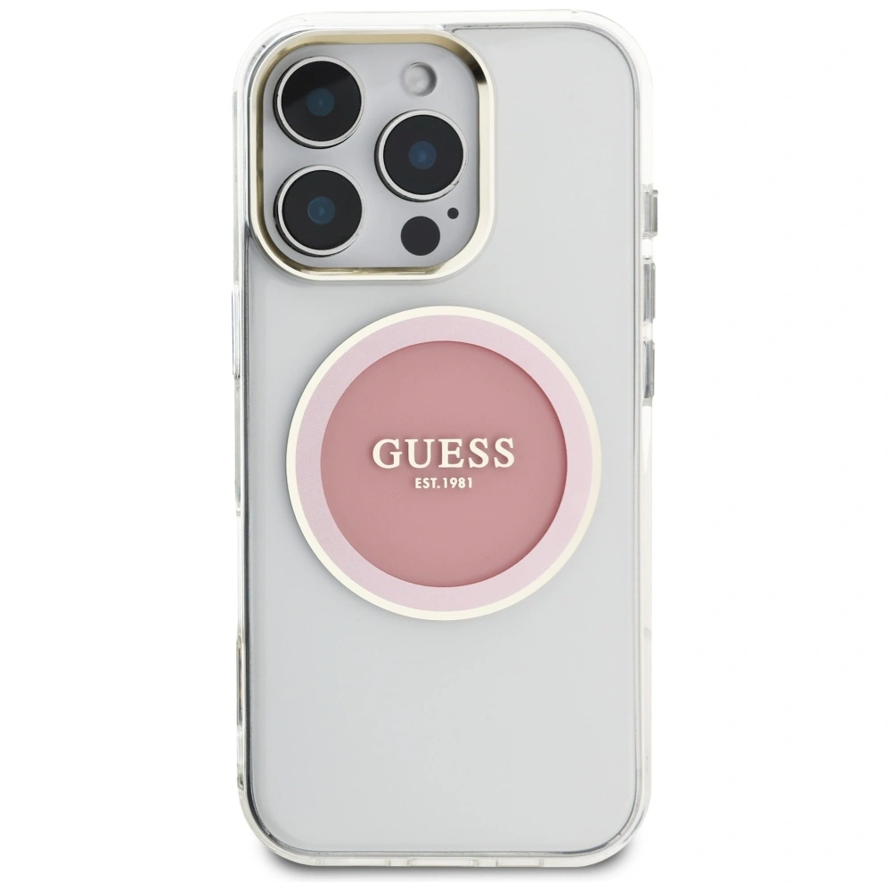 Etui Guess IML Metal Colored Circle Classic Logo MagSafe do Apple iPhone 16 Pro różowy