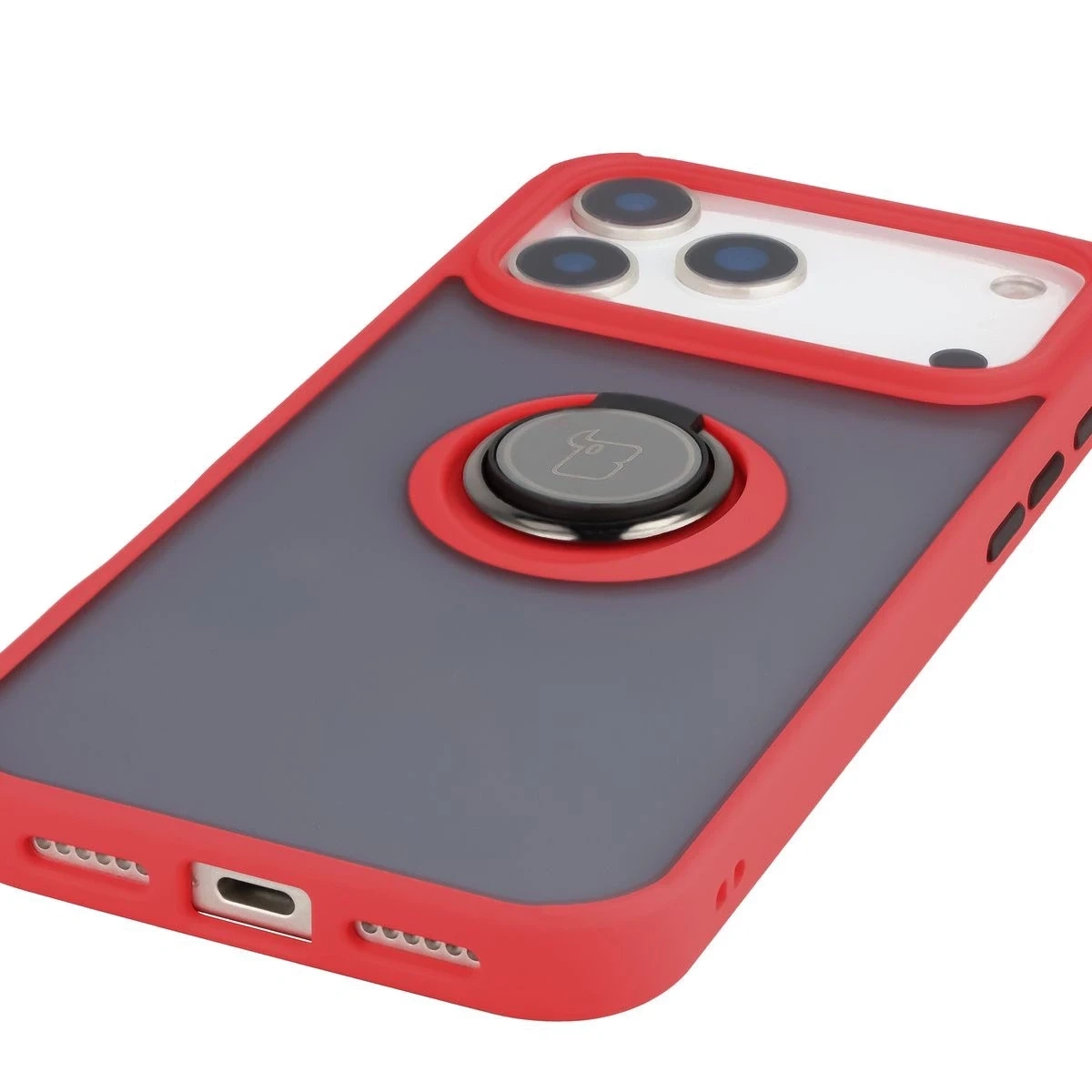 Etui z uchwytem na palec Bizon Case Hybrid Ring do Apple iPhone 17 Pro Max przydymione z czerwoną ramką