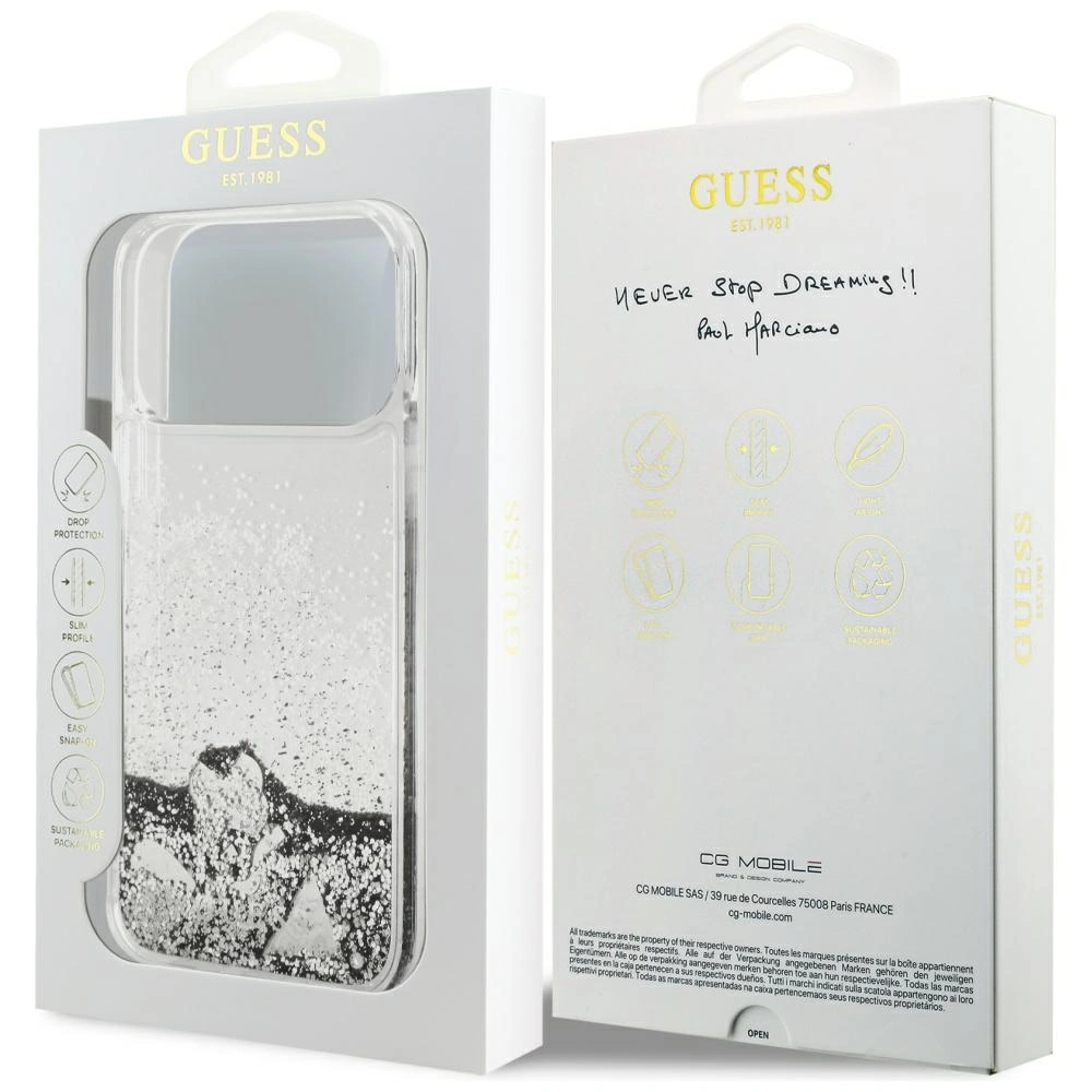 Etui Guess Liq. Glitter Charms do Apple iPhone 17 Pro Max srebrny