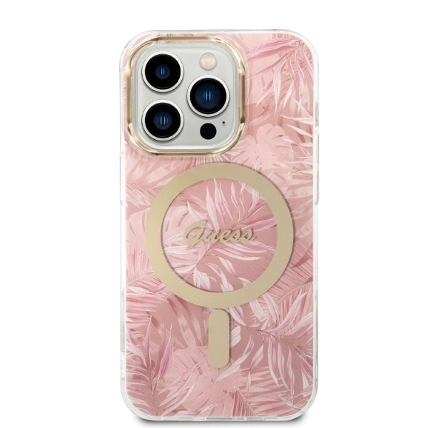 Guess GUBPP14LHJEACSP Case + Wireless Charger Apple iPhone 14 Pro pink hard case Jungle MagSafe