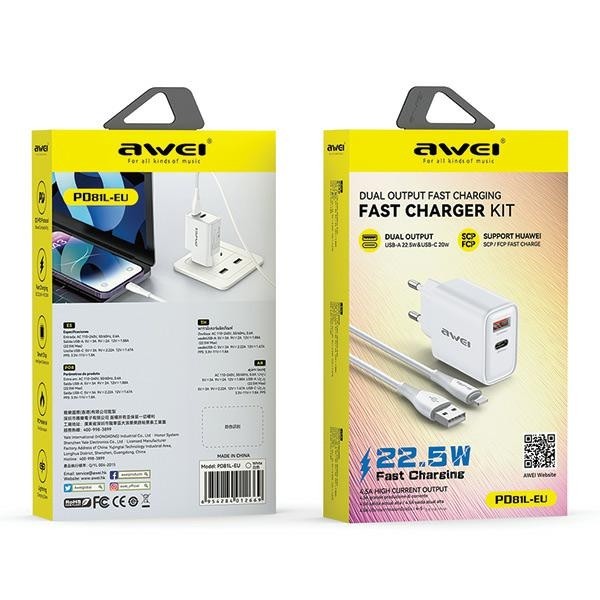 AWEI PD81L-EU wall charger GaN 22.5W + USB-A / Lightning cable white