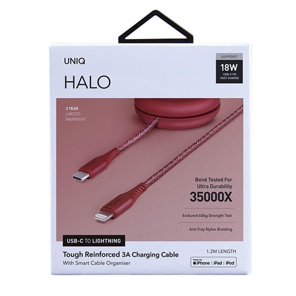 UNIQ Cable Retractable MFI Halo USB-C-Lightning 18W nylonowy zwijany 1,2m carmine red
