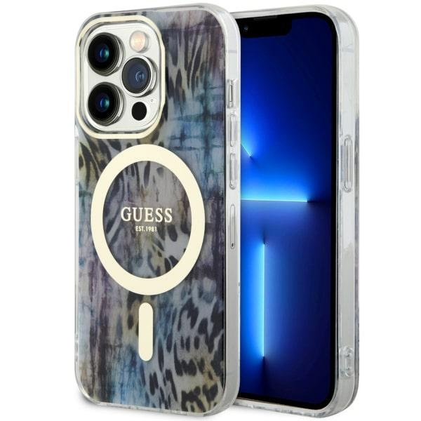Guess GUHMP14LHLEOPWB Apple iPhone 14 Pro blue hardcase Leopard MagSafe
