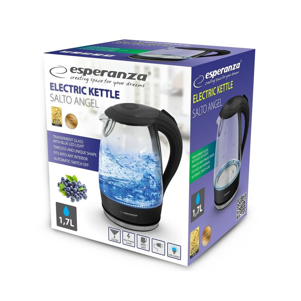 Kettle Esperanza Black Glass Plastic 2200 W 1,7 L