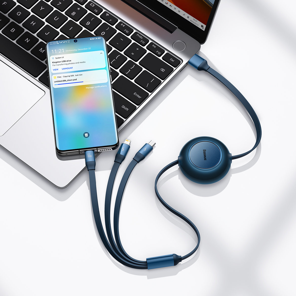 Baseus Bright Mirror 2 retractable cable 3in1 USB Type A - micro USB + Lightning + USB Type C 66W 1.1m blue