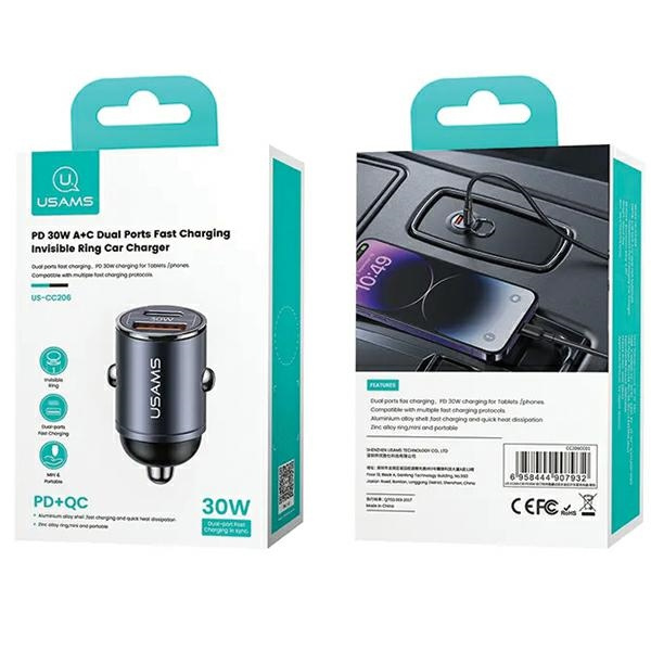USAMS C38 USB-A, USB-C 30W PD Fast Charge car charger purple
