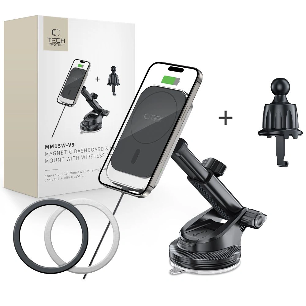 Tech-Protect MM15W-V9 Magnetic MagSafe Dashboard & Vent Car Mount Wireless Charger 15W Black
