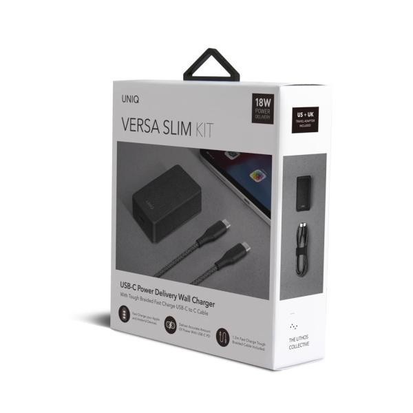 UNIQ Wall charger Versa Slim  USB-C PD 18W + USB-C to USB-C Cable charcoal black (LITHOS Collective)