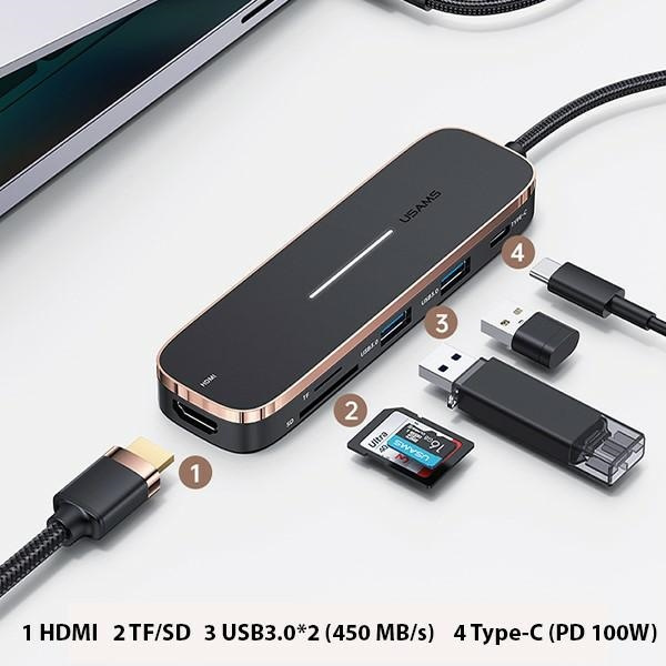 USAMS Hub 2xUSB/USB-C/HDMI/Micro SD+SD black SJ575HUB01