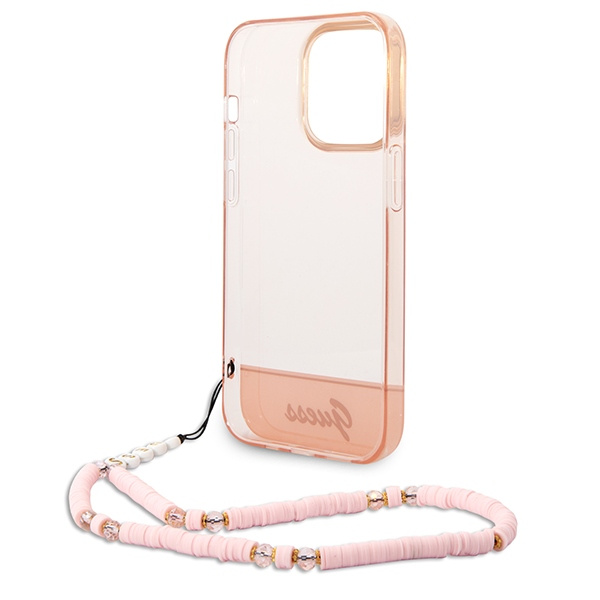 Guess GUHCP14LHGCOHP Apple iPhone 14 Pro pink hardcase Translucent Pearl Strap