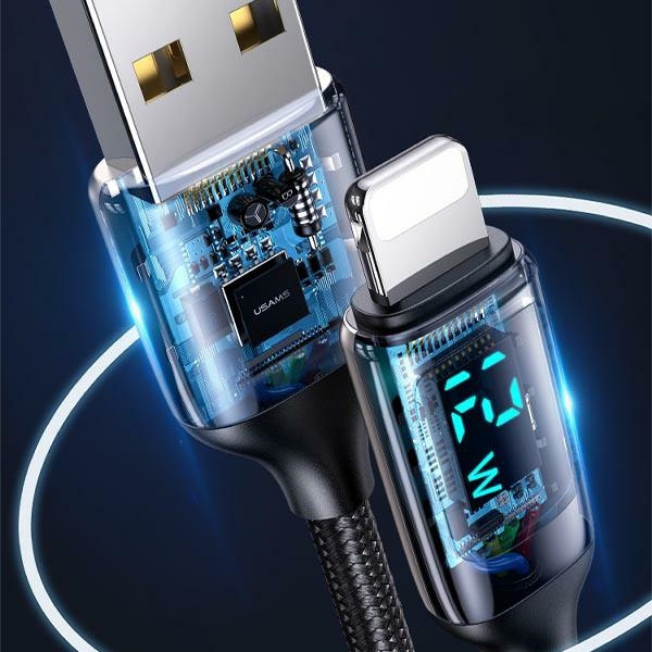 USAMS Nylon Cable U78 Lightning 1.2m LED 2.4A Fast Charging silver black SJ543USB02 (US-SJ543)