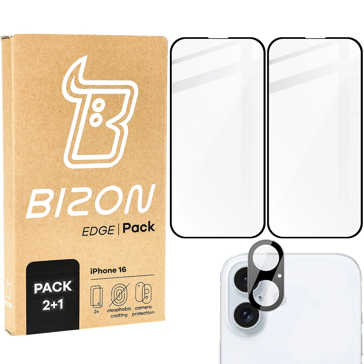 Bizon Edge 2x tempered screen glass with frame + camera glass Apple iPhone 16