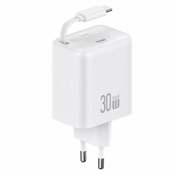 USAMS USB-C Wall Charger + retractable USB-C cable PD+QC 30W Gan Fast Charging white YC Series