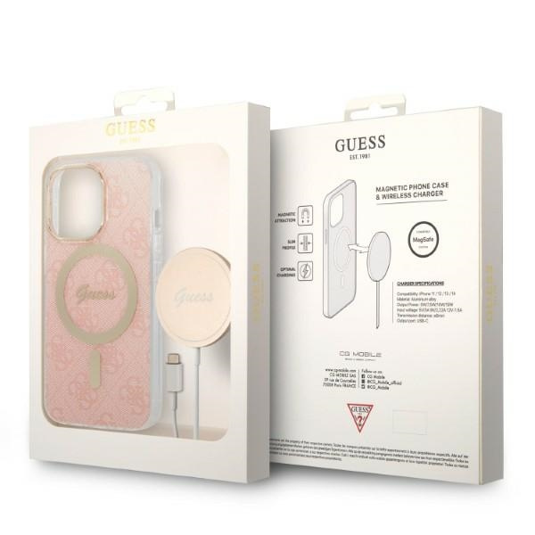 Guess GUBPP13LH4EACSP Case + Wireless Charger Apple iPhone 13 Pro pink hard case 4G Print MagSafe