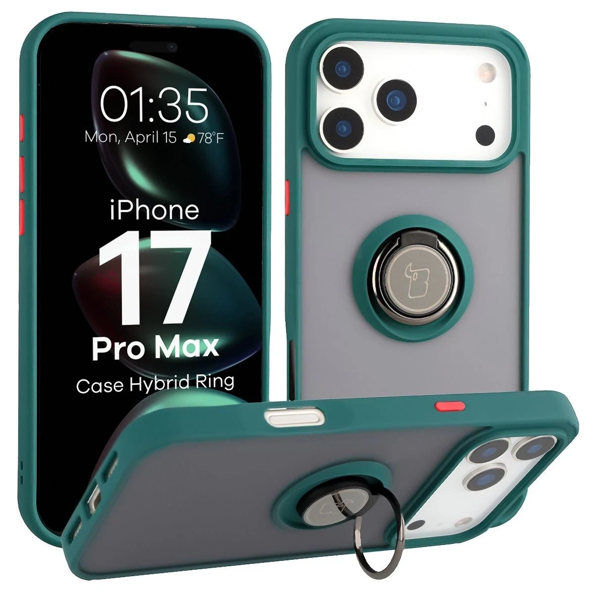 Etui z uchwytem na palec Bizon Case Hybrid Ring do Apple iPhone 17 Pro Max przydymione z ciemnozieloną ramką
