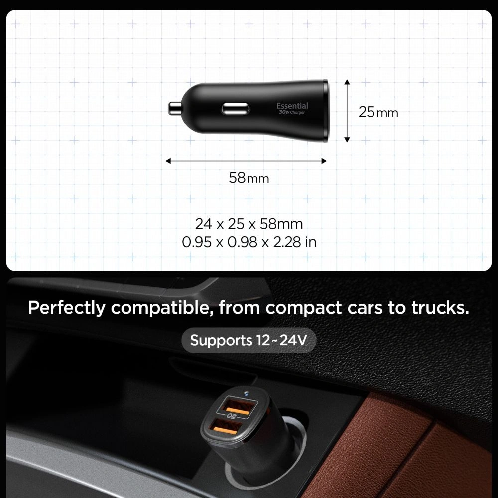 Spigen Essential EV302 2-port USB-A Car Charger 30W Black