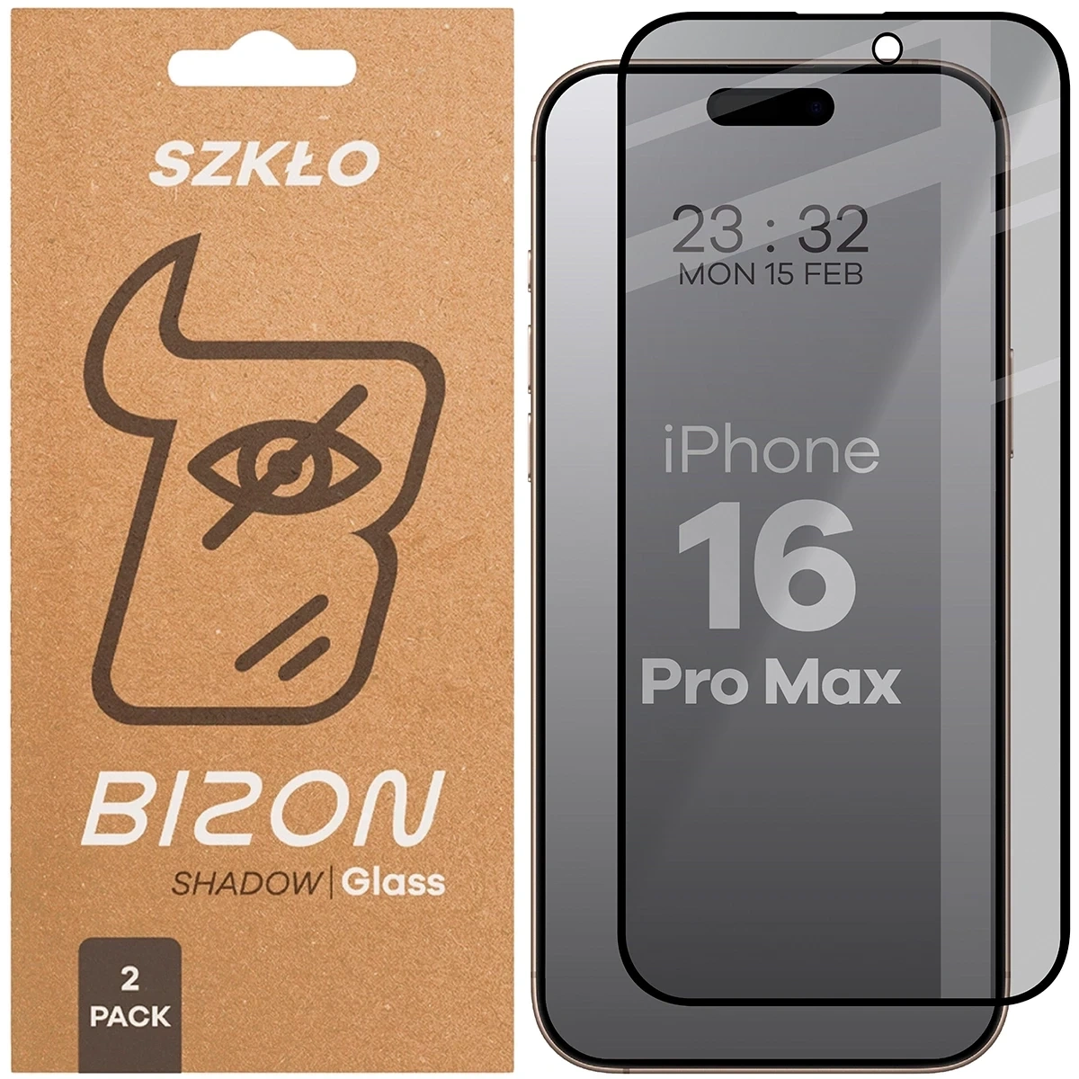 Prywatyzujące szkło hartowane Bizon Glass Edge Shadow Duo do do Apple iPhone 16 Pro Max przyciemniane z czarną ramką [2 PACK]