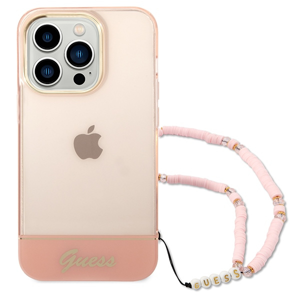 Guess GUHCP14LHGCOHP Apple iPhone 14 Pro pink hardcase Translucent Pearl Strap