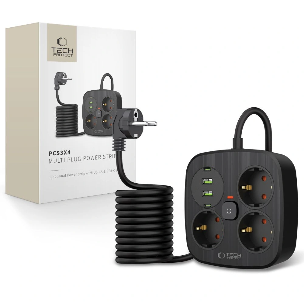 Listwa zasilająca Tech-Protect PCS3X4 Power Strip 2xUSB-A, 2xUSB-C, 3xSocket AC 200cm Black
