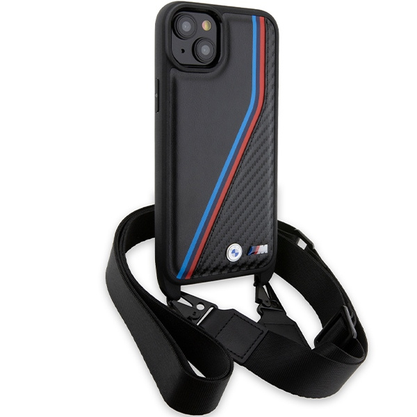 BMW BMHCP15S23PSVTK Apple iPhone 15 / 14 / 13 hardcase M Edition Carbon Tricolor Lines & Strap black