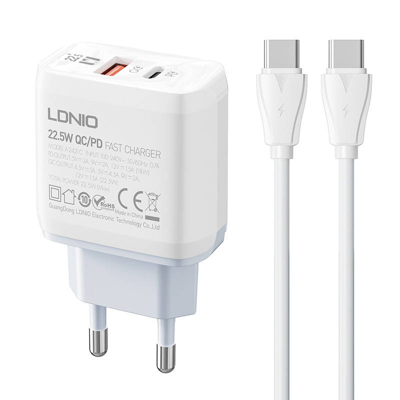 LDNIO A2421C Wall Charger USB-A, USB-C 22.5W + USB-C/USB-C cable