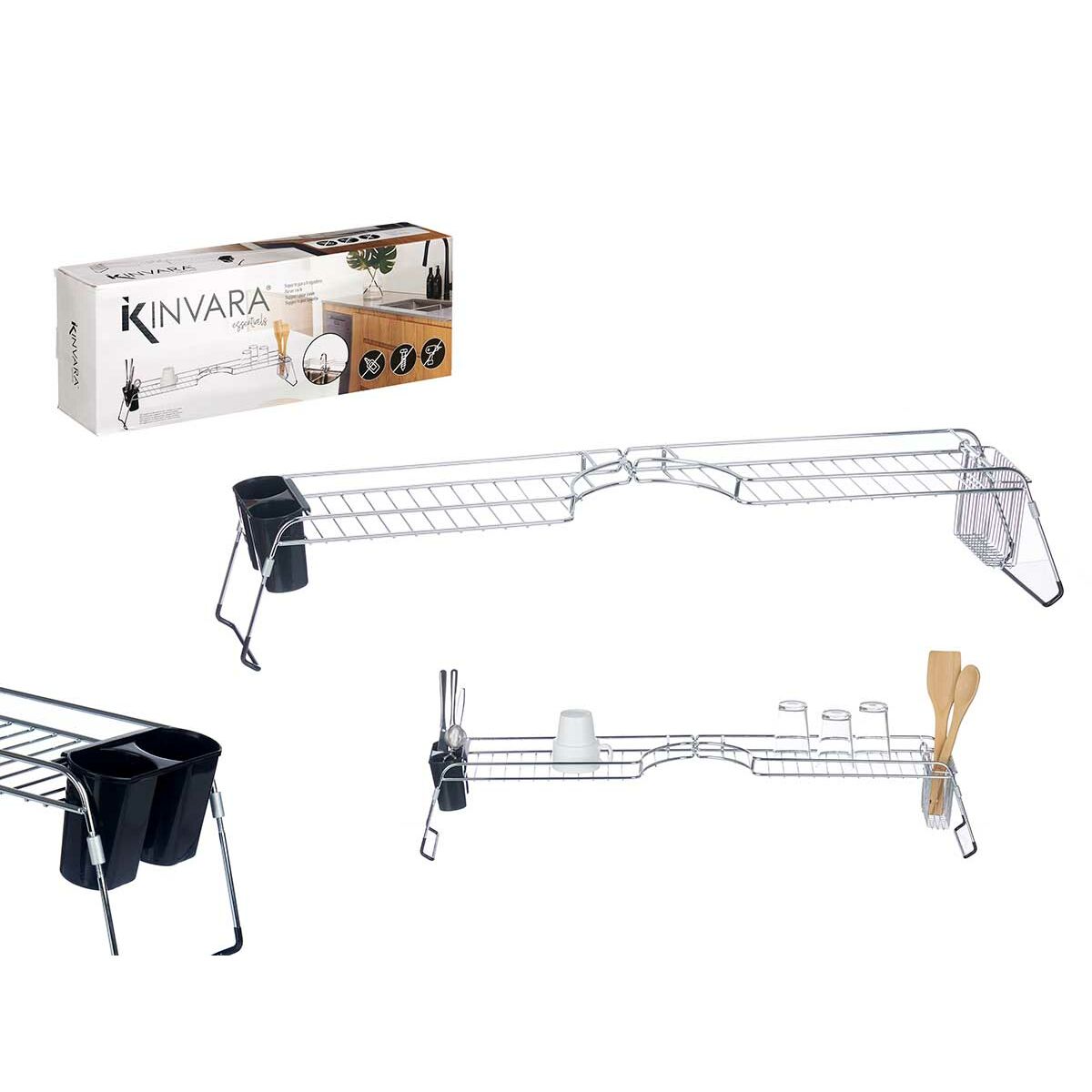 Draining Rack for Kitchen Sink Kinvara W3422A-1 Black Silver Metal polypropylene 44 x 11 x 16 cm (4 Units)