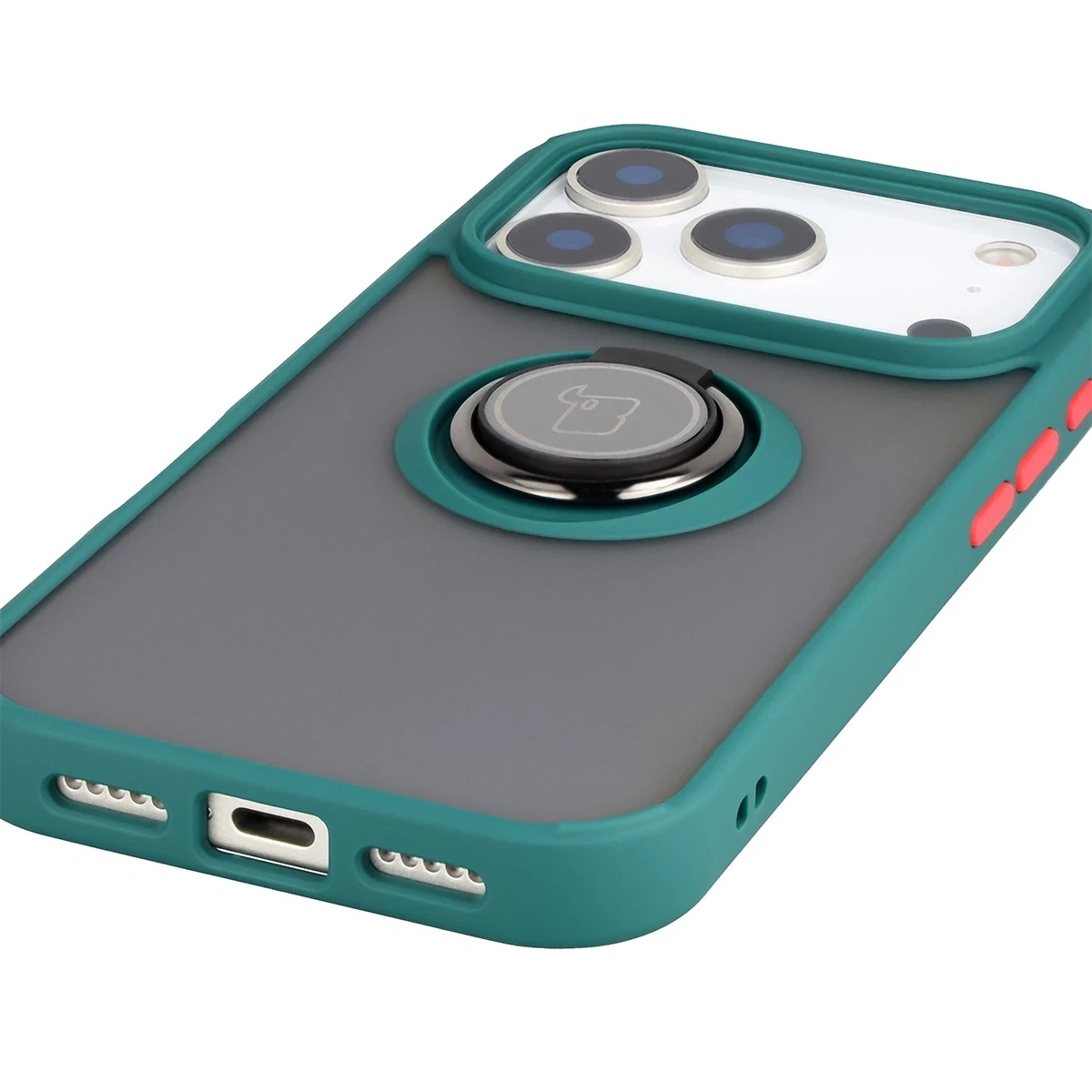 Etui z uchwytem na palec Bizon Case Hybrid Ring do Apple iPhone 17 Pro przydymione z ciemnozieloną ramką