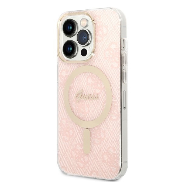 Guess GUBPP14LH4EACSP Case + Wireless Charger Apple iPhone 14 Pro pink hard case 4G Print MagSafe