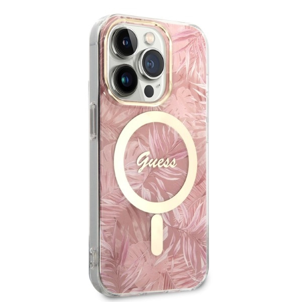 Guess GUBPP14LHJEACSP Case + Wireless Charger Apple iPhone 14 Pro pink hard case Jungle MagSafe