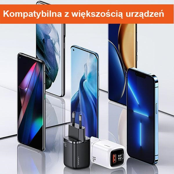 USAMS Wall Charger 1xUSB-C+1xUSB T46 33W PD3.0 +QC3.0 Fast Charging + cable U63 USB-C/Lightning black UDTZ01
