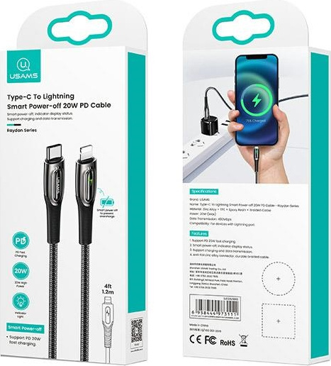 USAMS Nylon Cable USB-C - Lightning Smart Power-off 20W PD Cable 1.2m black SJ518USB01 (US-SJ518)