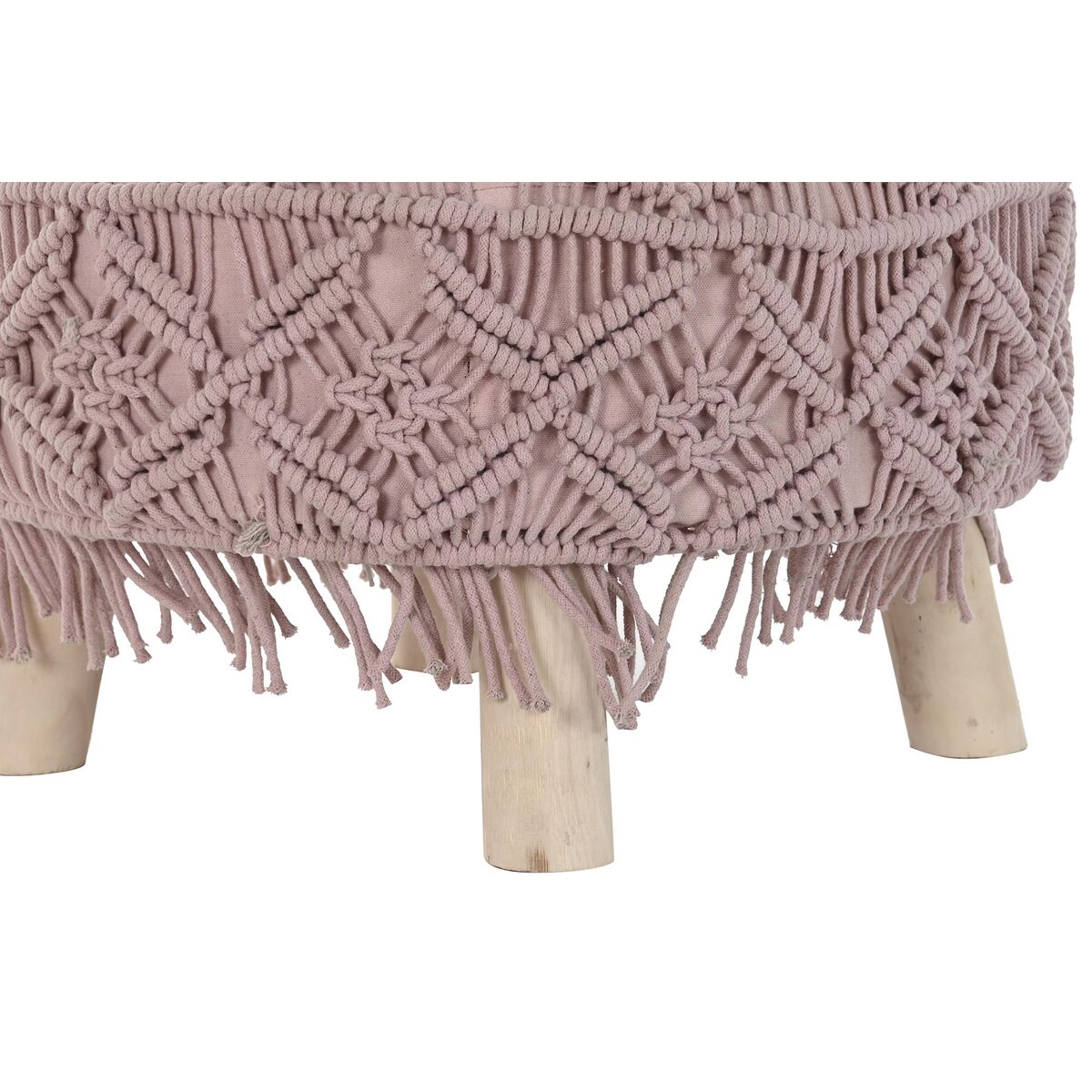 Footrest DKD Home Decor 53 x 53 x 31 cm Natural Wood Brown Light Pink 50 x 50 x 30 cm Macrame Boho