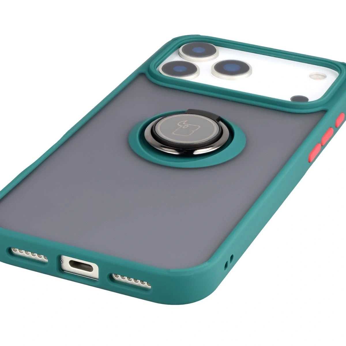 Etui z uchwytem na palec Bizon Case Hybrid Ring do Apple iPhone 17 Pro Max przydymione z ciemnozieloną ramką