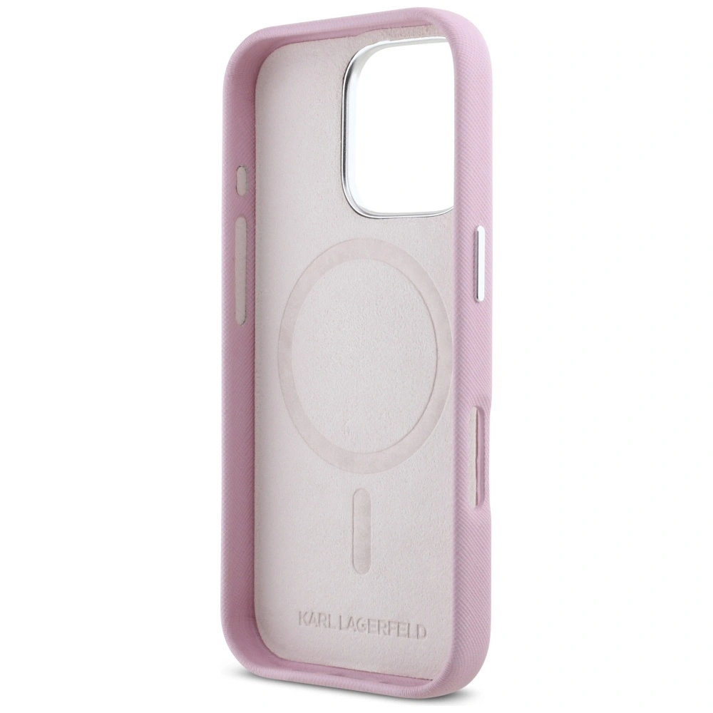 Karl Lagerfeld Saffiano Full Wrapped Elongated Metal Logo MagSafe Apple iPhone 16 Pro Max pink