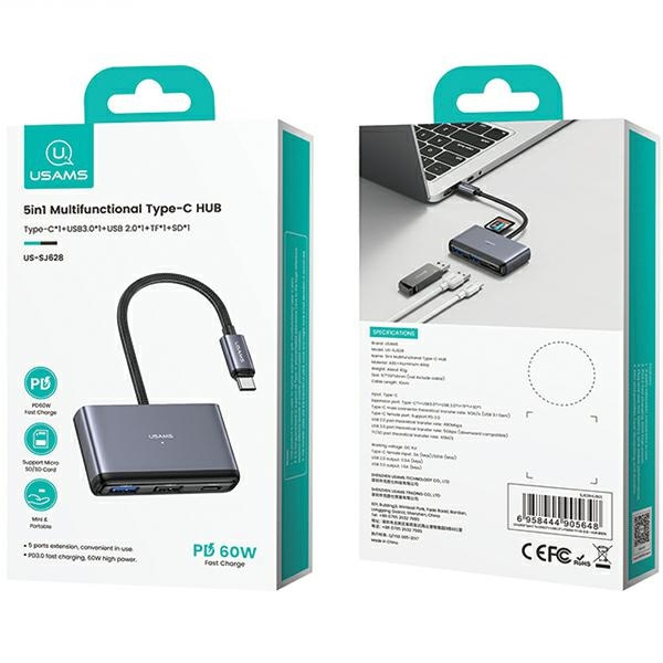 USAMS US-SJ628 HUB 5w1 USB-C / USB-A 2.0,USB 3.0,USB-C,TF,SD dark grey